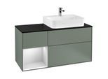 Villeroy und Boch Finion Waschtischunterschrank G142MTGM 120cm, Abdeckplatte black matt, Emotion, Regal links White matt lacquer, Olive Matt Lacquer