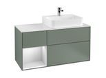 Villeroy und Boch Finion Waschtischunterschrank F141MTGM 120cm, Abdeckplatte glass white Matt, Regal links White matt lacquer, Olive Matt Lacquer