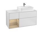 Villeroy und Boch Finion Waschtischunterschrank F141PCMT 120cm, Abdeckplatte glass white Matt, Regal links Oak Veneer, White matt lacquer
