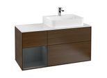 Villeroy und Boch Finion Waschtischunterschrank F141HGGN 120cm, Abdeckplatte glass white Matt, Regal links Midnight Blue Matt Lacquer, Walnut veneer