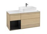 Villeroy und Boch Finion Waschtischunterschrank F141PDPC 120cm, Abdeckplatte glass white Matt, Regal links Black matt lacquer, Oak Veneer