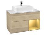Villeroy und Boch Finion Waschtischunterschrank F121HFPC 100cm, Abdeckplatte weiß matt, Regal rechts Gold matt, Oak Veneer