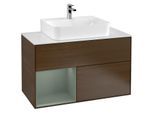 Villeroy und Boch Finion Waschtischunterschrank G111GMGN 100cm, Abdeckplatte white matt, Emotion, Regal links Olive Matt Lacquer, Walnut veneer