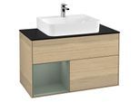 Villeroy und Boch Finion Waschtischunterschrank G112GMPC 100cm, Abdeckplatte black matt, Emotion, Regal links Olive Matt Lacquer, Oak Veneer