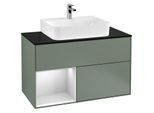 Villeroy und Boch Finion Waschtischunterschrank G112MTGM 100cm, Abdeckplatte black matt, Emotion, Regal links White matt lacquer, Olive Matt Lacquer