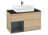 Villeroy und Boch Finion Waschtischunterschrank G112HGPC 100cm, Abdeckplatte black matt, Emotion, Regal links Midnight Blue Matt Lacquer, Oak Veneer