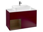 Villeroy und Boch Finion Waschtischunterschrank G361GNHB 100cm, Abdeckplatte white matt, Emotion, Regal links Walnut veneer, Peony Matt