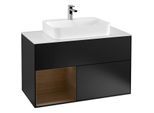 Villeroy und Boch Finion Waschtischunterschrank F361GNPD 100cm, Abdeckplatte white matt, Regal links Walnut veneer, Black matt lacquer