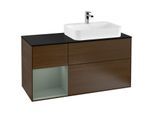 Villeroy und Boch Finion Waschtischunterschrank G392GMGN 120cm, Abdeckplatte black matt, Emotion, Regal links Olive Matt Lacquer, Walnut veneer