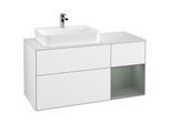 Villeroy und Boch Finion Waschtischunterschrank F401GMGF 120cm, Abdeckplatte white matt, Regal rechts Olive Matt Lacquer, Glossy white lacquer