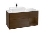 Villeroy und Boch Finion Waschtischunterschrank F401GNGN 120cm, Abdeckplatte white matt, Regal rechts Walnut veneer, Walnut veneer