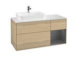 Villeroy und Boch Finion Waschtischunterschrank F401GKPC 120cm, Abdeckplatte white matt, Regal rechts Anthracite matt, Oak Veneer