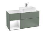 Villeroy und Boch Finion Waschtischunterschrank F391GFGM 120cm, Abdeckplatte white matt, Regal links Glossy white lacquer, Olive Matt Lacquer
