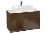 Villeroy und Boch Finion Waschtischunterschrank F111GNGN 100cm, Abdeckplatte black matt, Regal links Walnut veneer, Walnut veneer