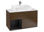 Villeroy und Boch Finion Waschtischunterschrank F111PDGN 100cm, Abdeckplatte black matt, Regal links Black matt lacquer, Walnut veneer