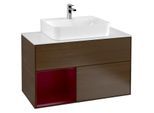 Villeroy und Boch Finion Waschtischunterschrank F111HBGN 100cm, Abdeckplatte black matt, Regal links Peony, Walnut veneer