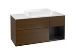 Villeroy und Boch Finion Waschtischunterschrank F301PDGN 120cm, Abdeckplatte white matt, Regal rechts Black matt lacquer, Walnut veneer