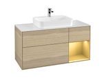 Villeroy und Boch Finion Waschtischunterschrank F421HFPC 120cm, Abdeckplatte white matt, Regal rechts Gold matt, Oak Veneer