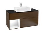 Villeroy und Boch Finion Waschtischunterschrank F412GFGN 120cm, Abdeckplatte black matt, Regal links Glossy white lacquer, Walnut veneer