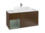 Villeroy und Boch Finion Waschtischunterschrank F411GMGN 120cm, Abdeckplatte white matt, Regal links Olive Matt Lacquer, Walnut veneer