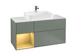 Villeroy und Boch Finion Waschtischunterschrank F411HFGM 120cm, Abdeckplatte white matt, Regal links Gold matt, Olive Matt Lacquer