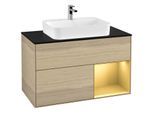 Villeroy und Boch Finion Waschtischunterschrank G372HFPC 100cm, Abdeckplatte black matt, Emotion, Regal rechts Gold matt, Oak Veneer