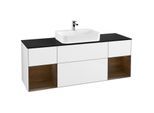 Villeroy und Boch Finion Waschtischunterschrank G452GNGF 160cm, Abdeckplatte black matt, Emotion, Regale Walnut veneer, Glossy white lacquer