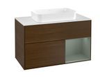 Villeroy und Boch Finion Waschtischunterschrank F251GMGN 100x60,3cm, Abdeckplatte white matt, Regal rechts Olive Matt Lacquer, Walnut veneer
