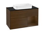 Villeroy und Boch Finion Waschtischunterschrank F252GNGN 100x60,3cm, Abdeckplatte black matt, Regal rechts Walnut veneer, Walnut veneer