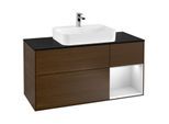 Villeroy und Boch Finion Waschtischunterschrank G422MTGN 120cm, Abdeckplatte black matt, Emotion, Regal rechts White matt, Walnut veneer
