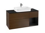 Villeroy und Boch Finion Waschtischunterschrank G422PDGN 120cm, Abdeckplatte black matt, Emotion, Regal rechts Black matt, Walnut veneer