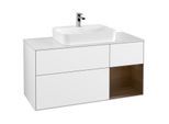 Villeroy und Boch Finion Waschtischunterschrank G421GNGF 120cm, Abdeckplatte white matt, Emotion, Regal rechts Walnut veneer, Glossy white lacquer