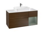 Villeroy und Boch Finion Waschtischunterschrank G421GMGN 120cm, Abdeckplatte white matt, Emotion, Regal rechts Olive matt, Walnut veneer