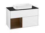 Villeroy und Boch Finion Waschtischunterschrank G242GNGF 100cm, Abdeckplatte black matt, Emotion, Regal links Walnut veneer, Glossy white lacquer