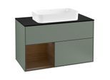 Villeroy und Boch Finion Waschtischunterschrank G242GNGM 100cm, Abdeckplatte black matt, Emotion, Regal links Walnut veneer, Olive Matt Lacquer