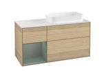 Villeroy und Boch Finion Waschtischunterschrank G271GMPC 120cm, Abdeckplatte white matt, Emotion, Regal links Olive Matt Lacquer, Oak Veneer