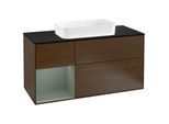 Villeroy und Boch Finion Waschtischunterschrank F292GMGN 120cm, Abdeckplatte black matt, Regal links Olive Matt Lacquer, Walnut veneer