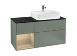Villeroy und Boch Finion Waschtischunterschrank F142PCGM 120cm, Abdeckplatte Glass Black Matt, Regal links Oak Veneer, Olive Matt Lacquer