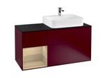 Villeroy und Boch Finion Waschtischunterschrank F142PCHB 120cm, Abdeckplatte Glass Black Matt, Regal links Oak Veneer, Peony Matt