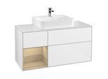 Villeroy und Boch Finion Waschtischunterschrank F161PCGF 120cm, Abdeckplatte white matt, Regal links Oak Veneer, Glossy white lacquer