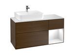Villeroy und Boch Finion Waschtischunterschrank G151GFGN 120cm, Abdeckplatte white matt, Emotion, Regal links Glossy white lacquer, Walnut veneer