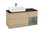 Villeroy und Boch Finion Waschtischunterschrank G152GMPC 120cm, Abdeckplatte black matt, Emotion, Regal links Olive Matt Lacquer, Oak Veneer