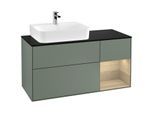 Villeroy und Boch Finion Waschtischunterschrank G152PCGM 120cm, Abdeckplatte black matt, Emotion, Regal links Oak Veneer, Olive Matt Lacquer