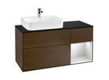 Villeroy und Boch Finion Waschtischunterschrank F152MTGN 120cm, Abdeckplatte black matt, Regal rechts White matt lacquer, Walnut veneer