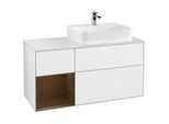 Villeroy und Boch Finion Waschtischunterschrank F141GNGF 120cm, Abdeckplatte glass white Matt, Regal links Walnut veneer, Glossy white lacquer