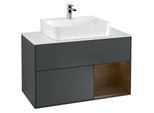 Villeroy und Boch Finion Waschtischunterschrank F121GNHG 100cm, Abdeckplatte weiß matt, Regal rechts Walnut veneer, Midnight Blue Matt Lacquer