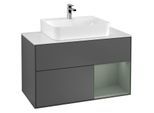 Villeroy und Boch Finion Waschtischunterschrank F121GMGK 100cm, Abdeckplatte weiß matt, Regal rechts Olive Matt Lacquer, Anthracite matt