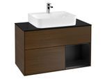 Villeroy und Boch Finion Waschtischunterschrank F122PDGN 100cm, Abdeckplatte black matt, Regal rechts Black matt lacquer, Walnut veneer