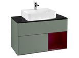 Villeroy und Boch Finion Waschtischunterschrank F122HBGM 100cm, Abdeckplatte black matt, Regal rechts Peony, Olive Matt Lacquer