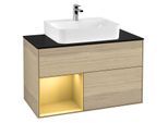 Villeroy und Boch Finion Waschtischunterschrank G112HFPC 100cm, Abdeckplatte black matt, Emotion, Regal links Gold matt, Oak Veneer